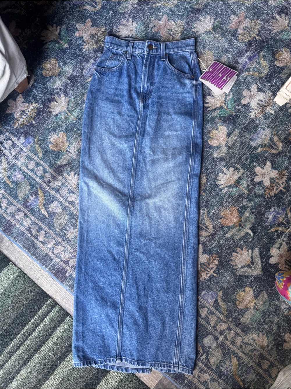 MOTHER Blue Denim Candy Stick Maxi Skirt in Dine n Dash